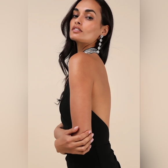 Lulus Immaculate Class Black Rhinestone Halter Maxi Dress XL Wedding Formal - Picture 4 of 11